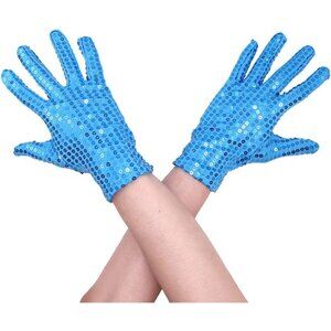 Women's Sparkling Sequin Sky Blue Glitter Short Length Gloves Party Cosplay